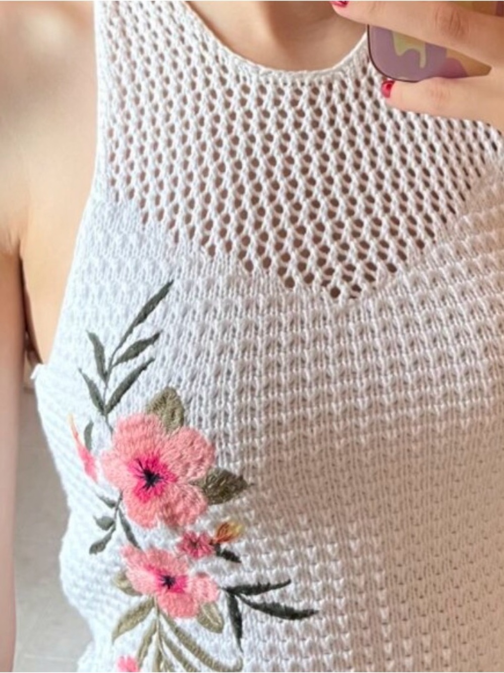 Hollister White Crochet Halter Camisole with Pink Floral Embroidery